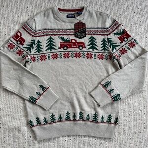 NWT Chaps Red Truck Christmas Sweater Gray Fair Isle Holiday Tree Men’s Medium